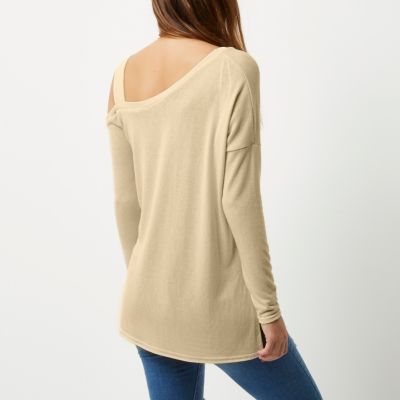 Cream asymmetric one shoulder knit top